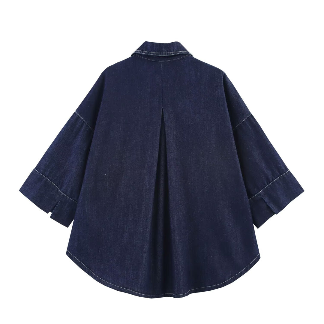 Summer Casual Women Collared Wide Sleeve Loose Denim Shirt Top High Waist Wide Leg Set