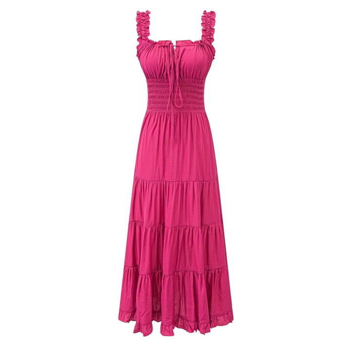 Fairy Dress Seaside Wear Tight Waist Strap Dress Women Summer Beautiful Square Collar Slimming Umbrella Swing Dress