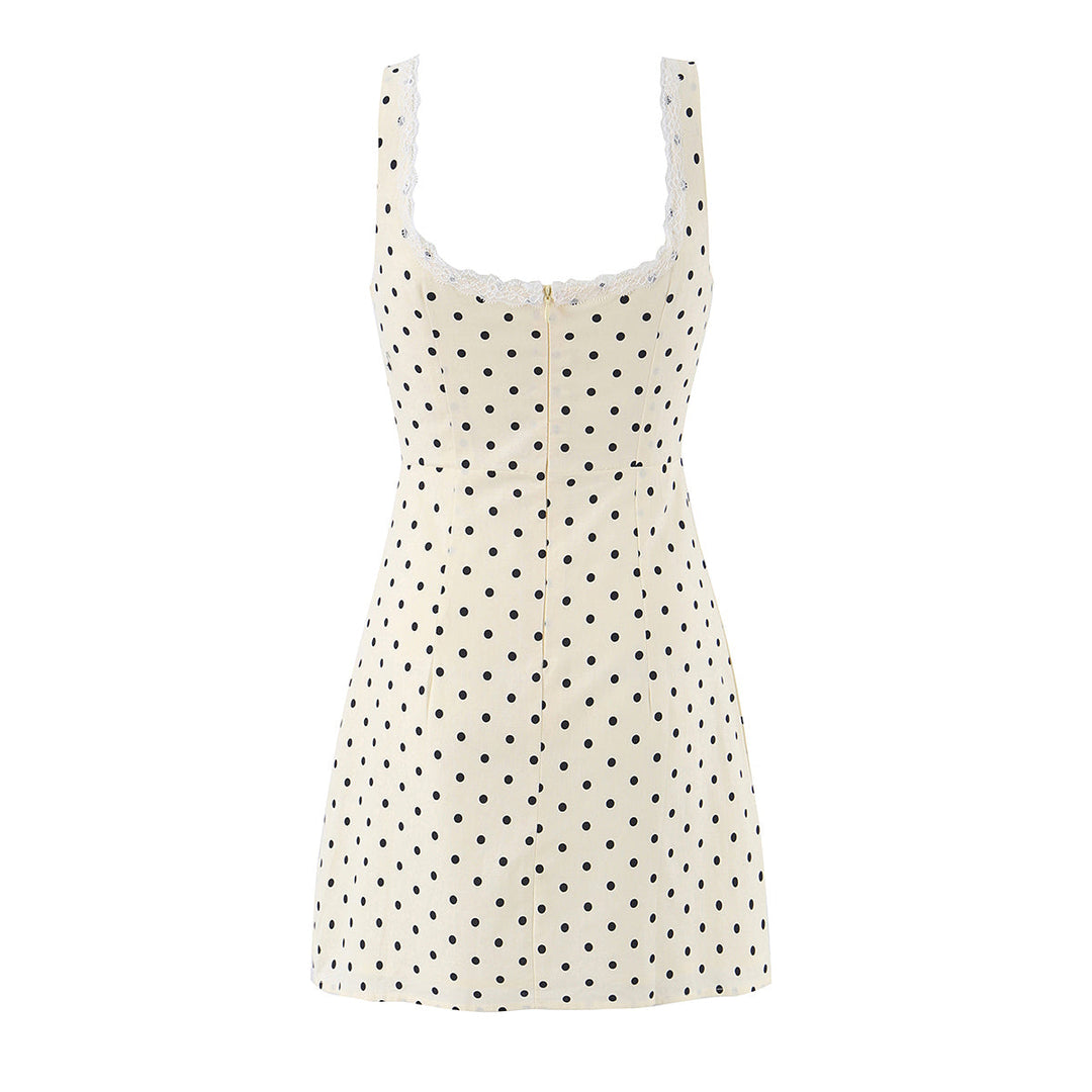 Polka Dot Camisole Women Summer Retro Elegant Lace Stitching Tied Cinched Sleeveless Dress