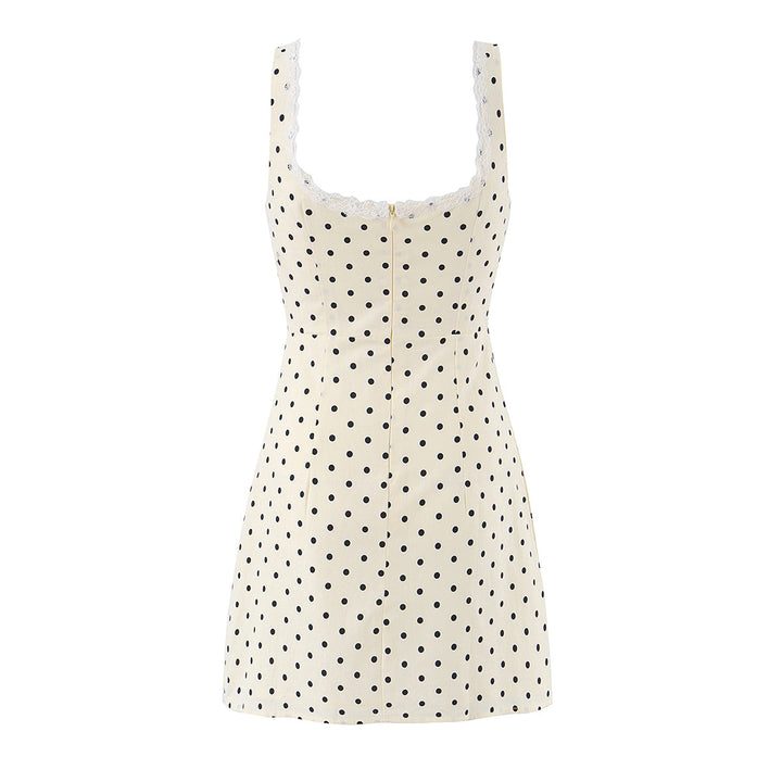 Polka Dot Camisole Women Summer Retro Elegant Lace Stitching Tied Cinched Sleeveless Dress