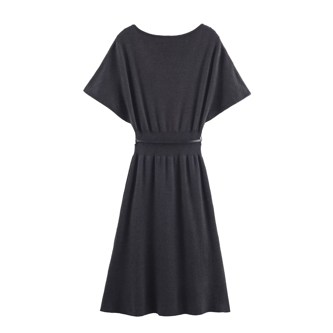 Women Clothing with Belt Knitted Mid Length Dress