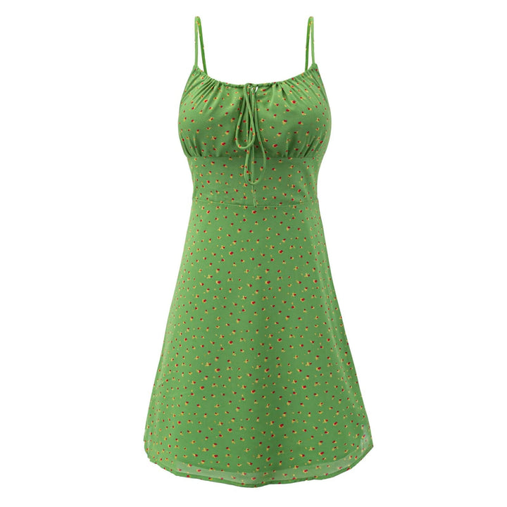 Women Summer High End Floral Strap Waist Controlled Lace Up A Line Dress