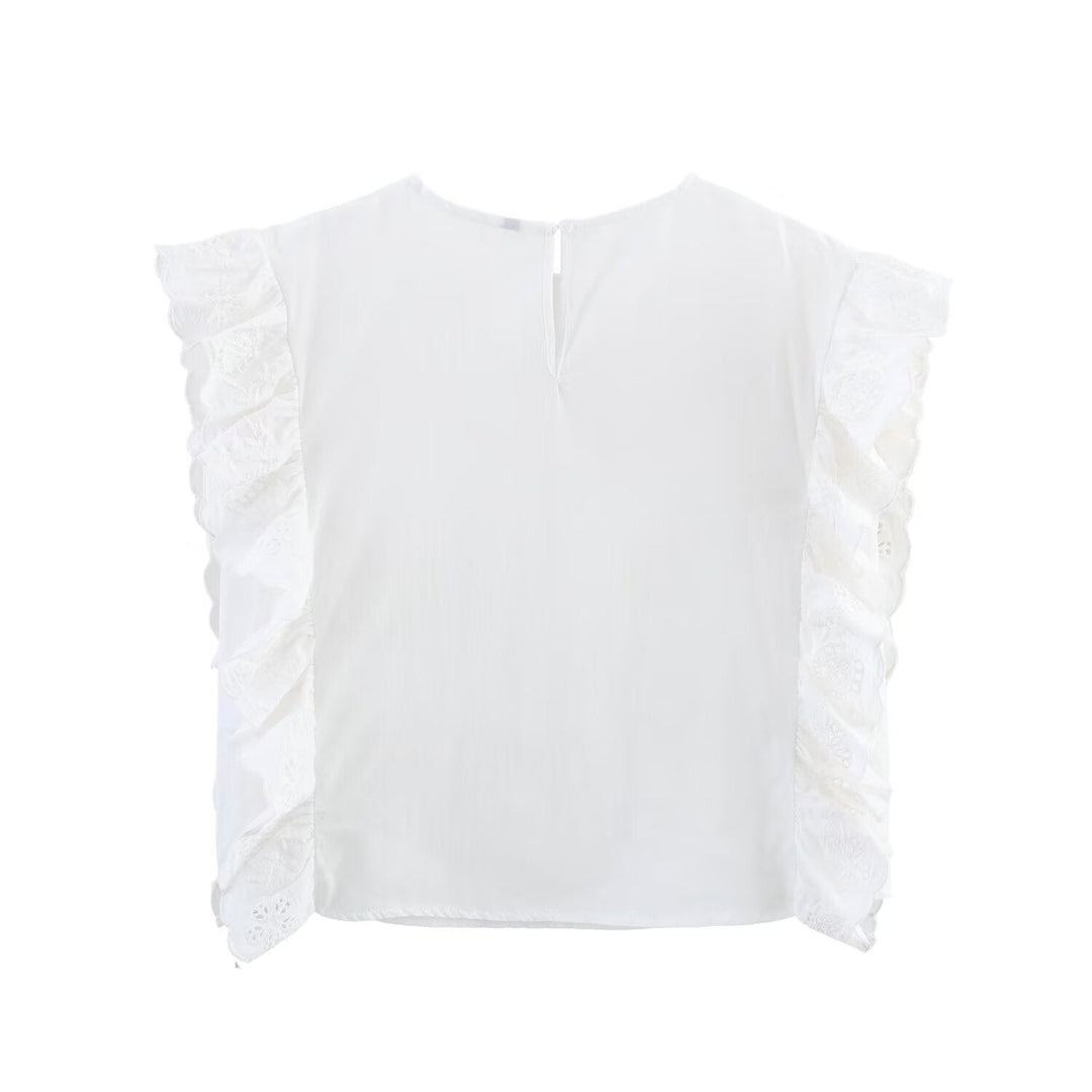 Women Clothing Summer French Ruffled Embroidered Sleeveless Top