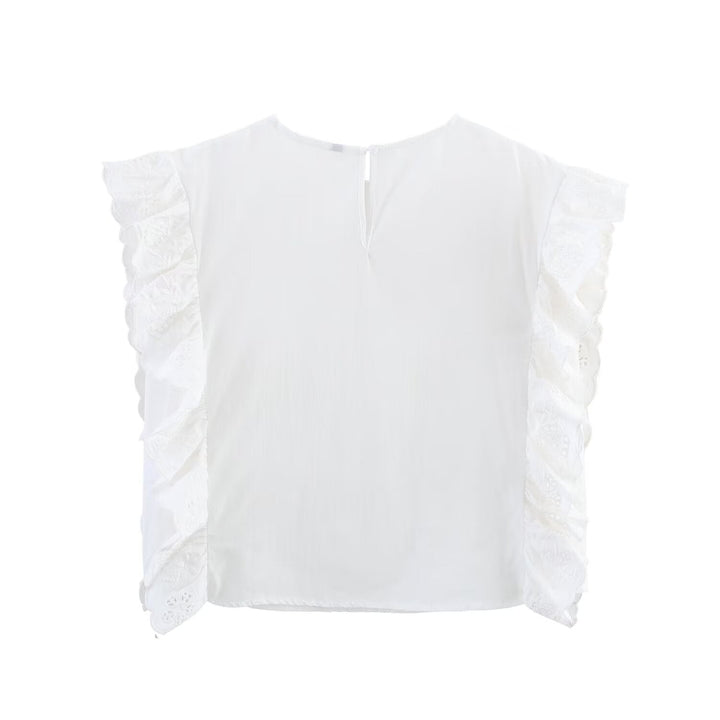 Women Clothing Summer French Ruffled Embroidered Sleeveless Top