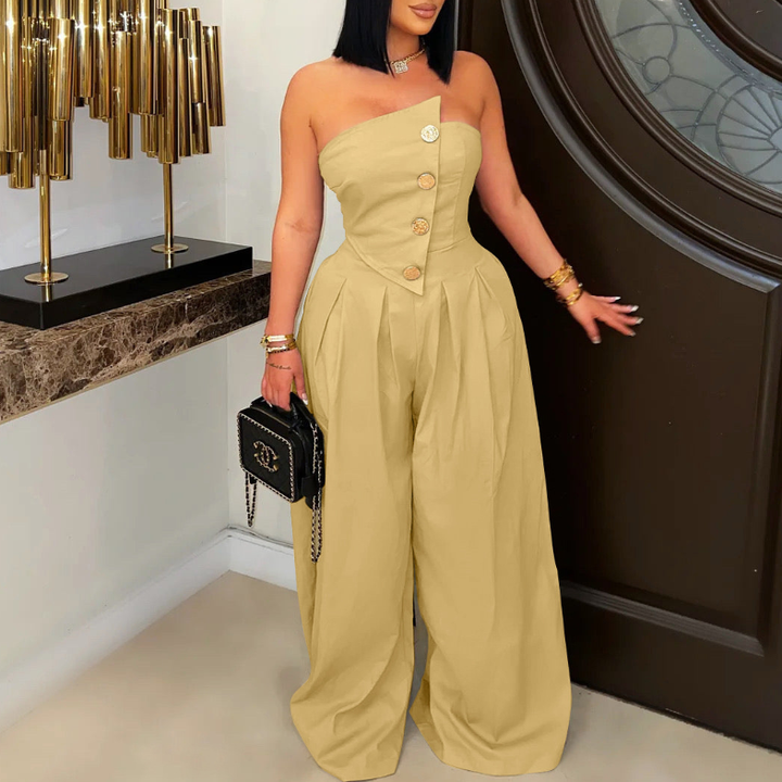 Women Wear Sexy Tube Top Sleeveless Metal Button Wide Leg Jumpsuit