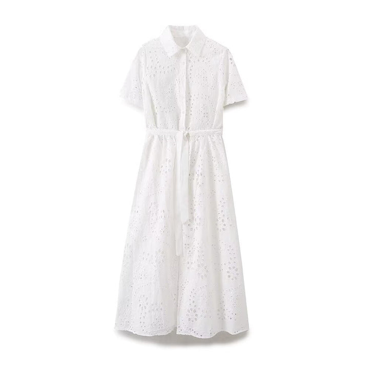 Women Clothing Sweet Cutout Machine Embroidery Collared Tied Shirt Dress