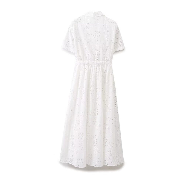 Women Clothing Sweet Cutout Machine Embroidery Collared Tied Shirt Dress