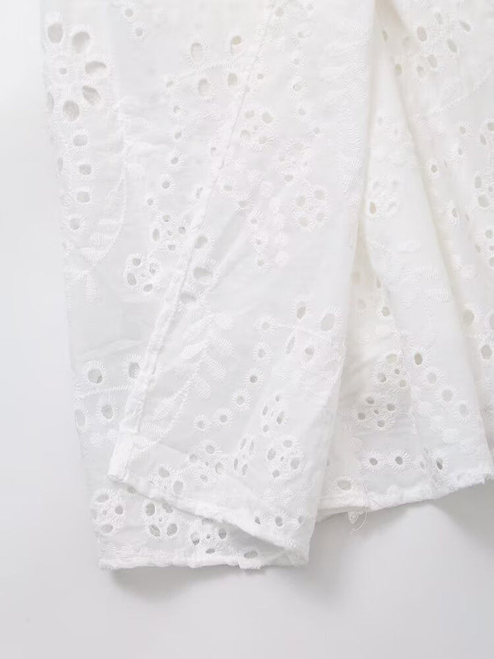 Women Clothing Sweet Cutout Machine Embroidery Collared Tied Shirt Dress