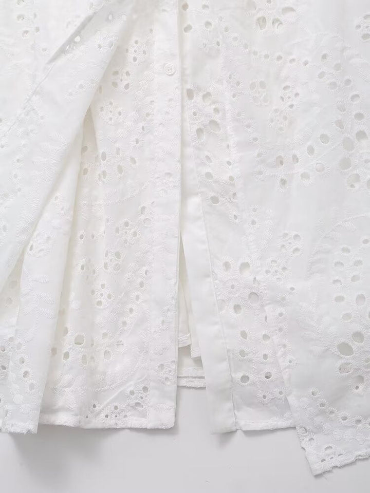 Women Clothing Sweet Cutout Machine Embroidery Collared Tied Shirt Dress