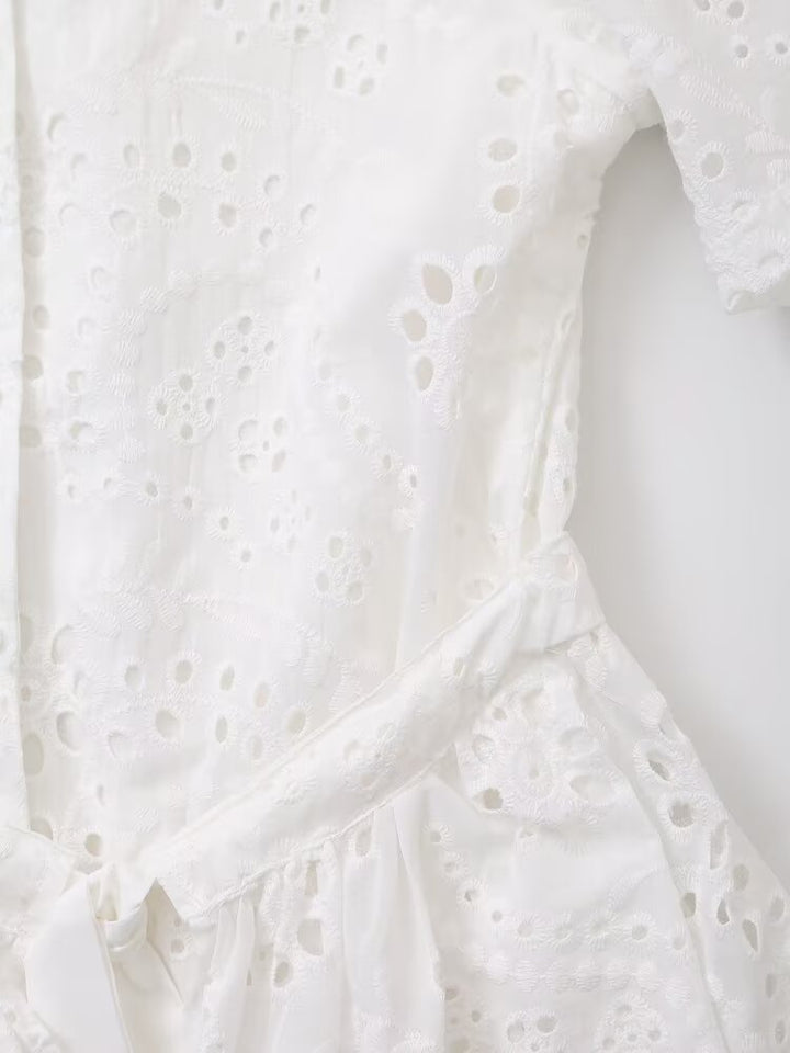 Women Clothing Sweet Cutout Machine Embroidery Collared Tied Shirt Dress