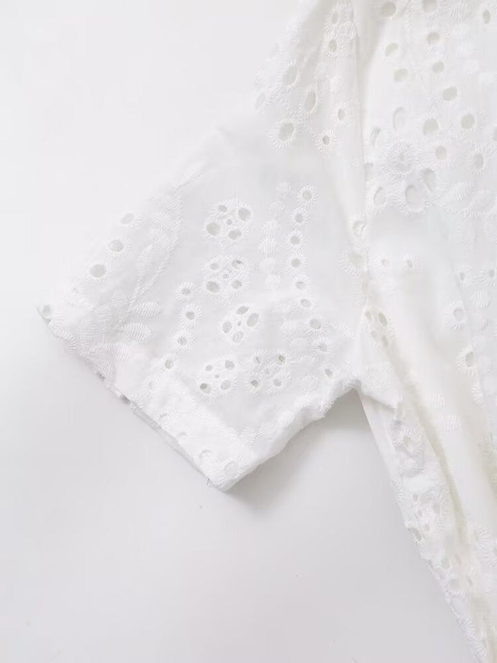 Women Clothing Sweet Cutout Machine Embroidery Collared Tied Shirt Dress