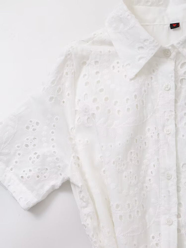 Women Clothing Sweet Cutout Machine Embroidery Collared Tied Shirt Dress