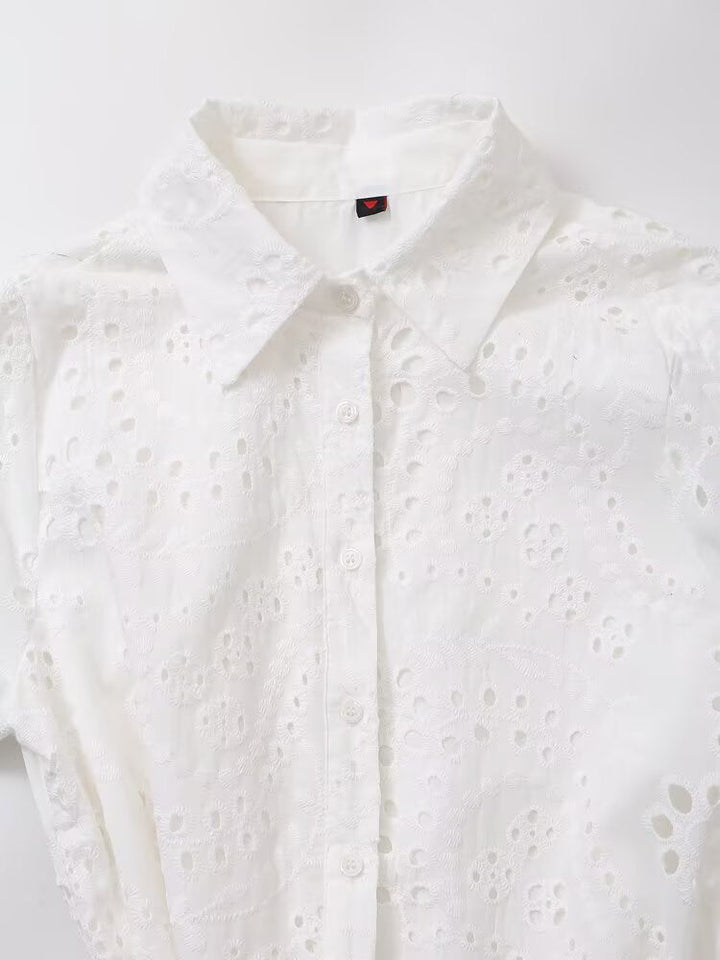 Women Clothing Sweet Cutout Machine Embroidery Collared Tied Shirt Dress