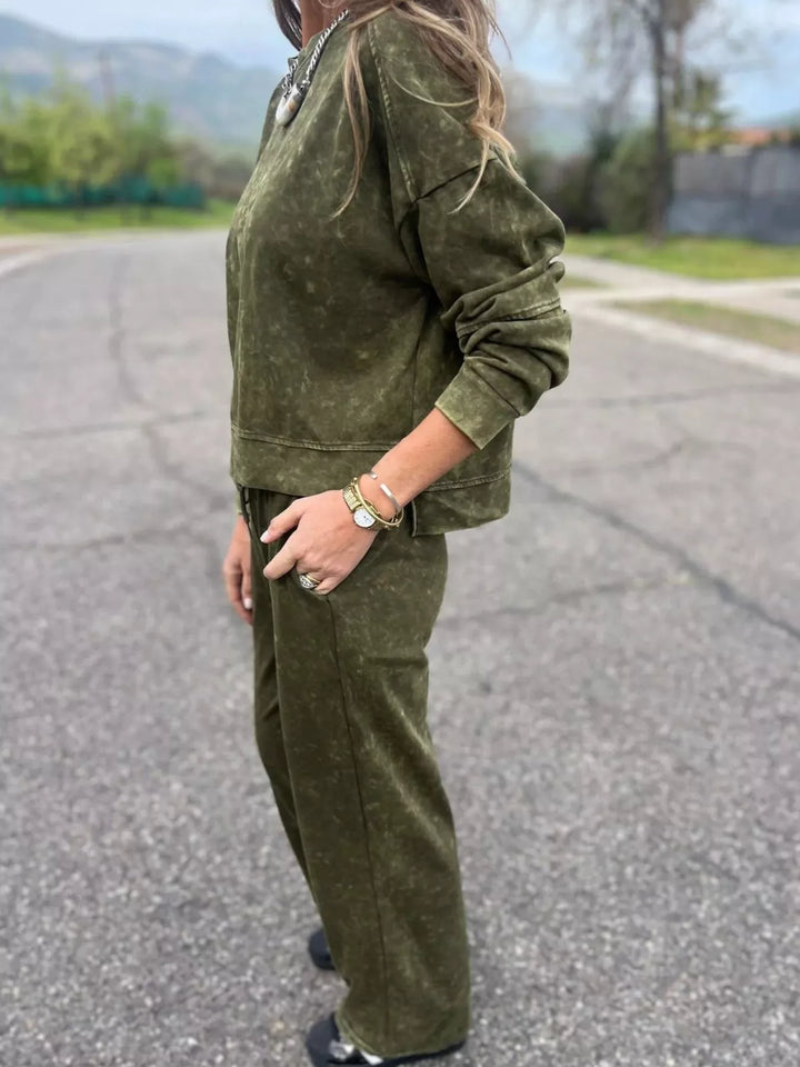 Full Size Washed Round Neck Top and Drawstring Pants Set Plus Size