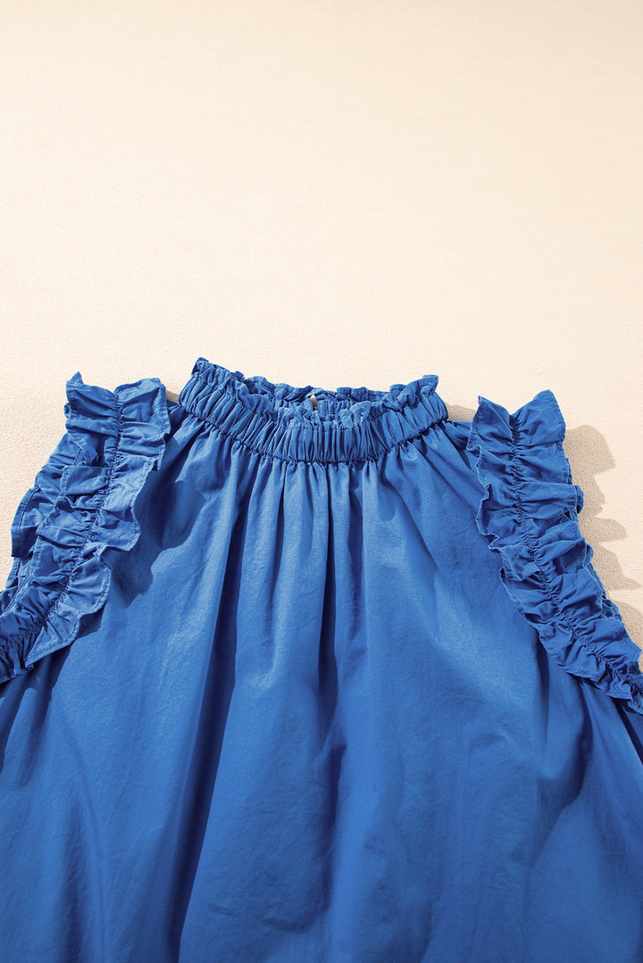 Sky Blue Frilled Neck Ruffled Armholes Buttoned Back Tank Top