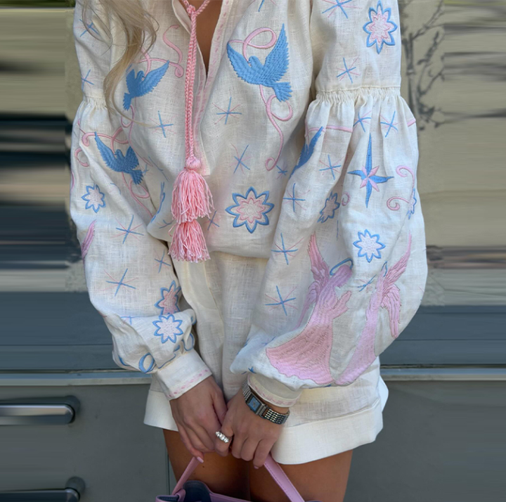 Women Clothing at Lantern Sleeve Tassel Embroidered Top