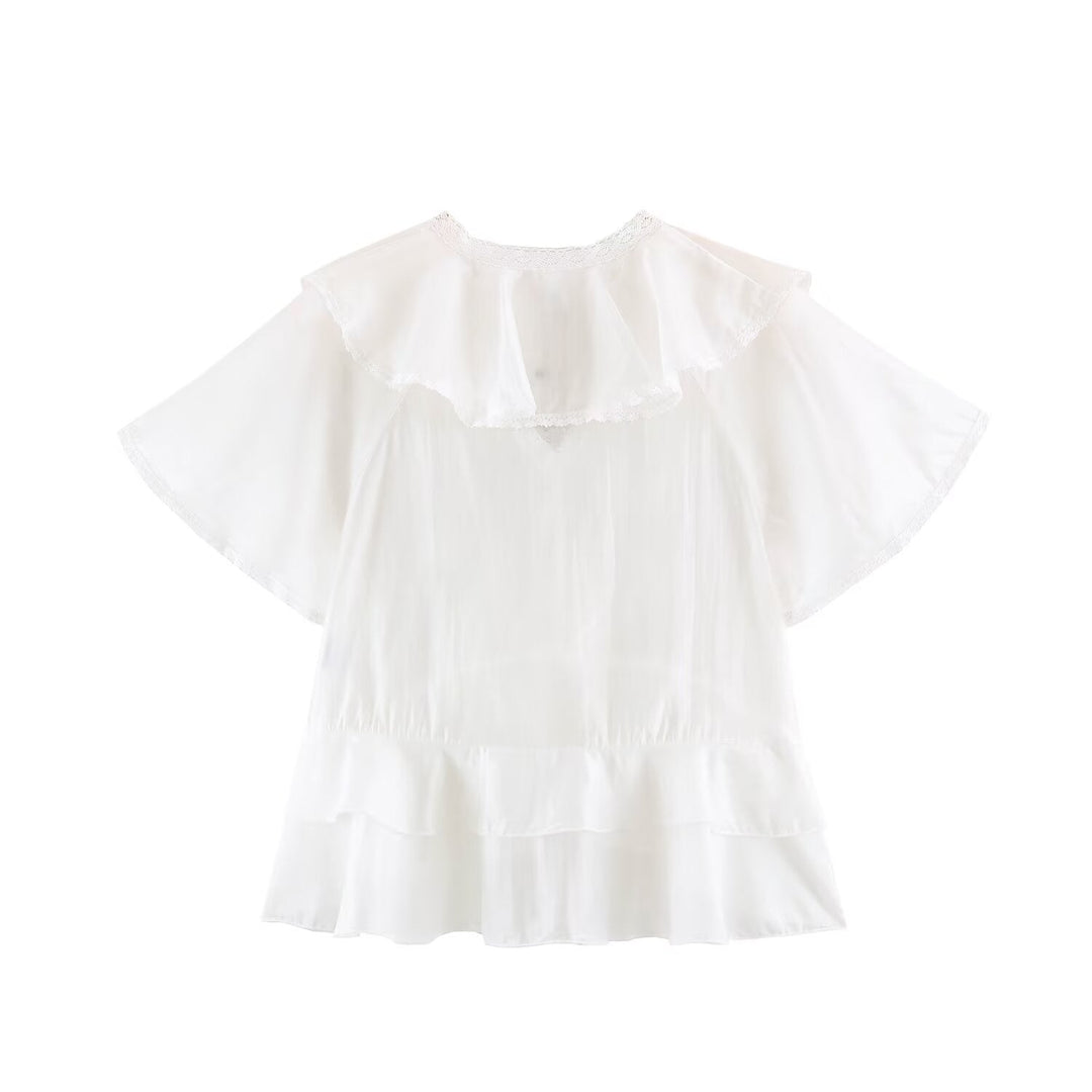 Women Clothing Summer Lace V neck Patchwork Ruffled French White Shirt