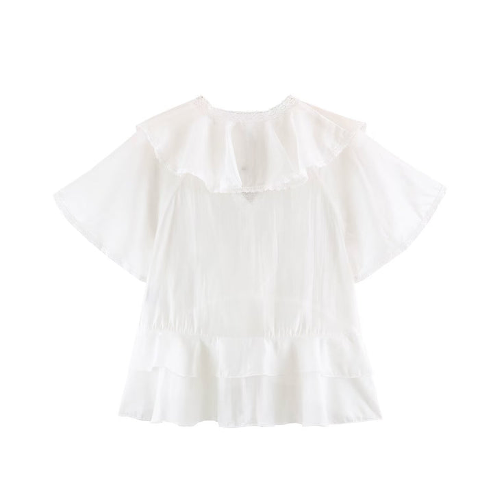 Women Clothing Summer Lace V neck Patchwork Ruffled French White Shirt