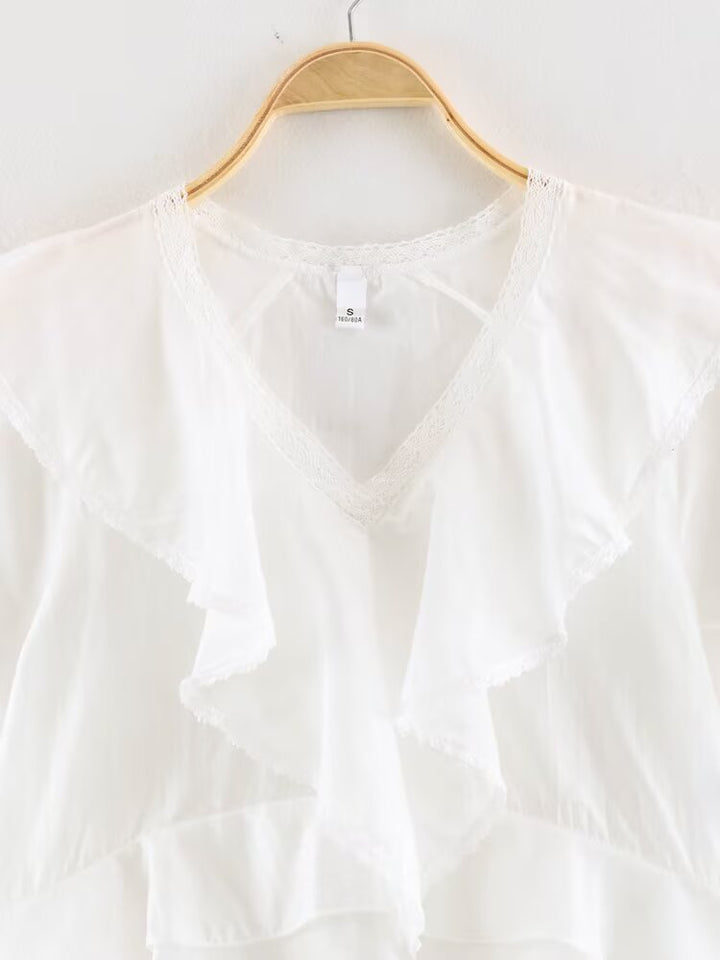 Women Clothing Summer Lace V neck Patchwork Ruffled French White Shirt