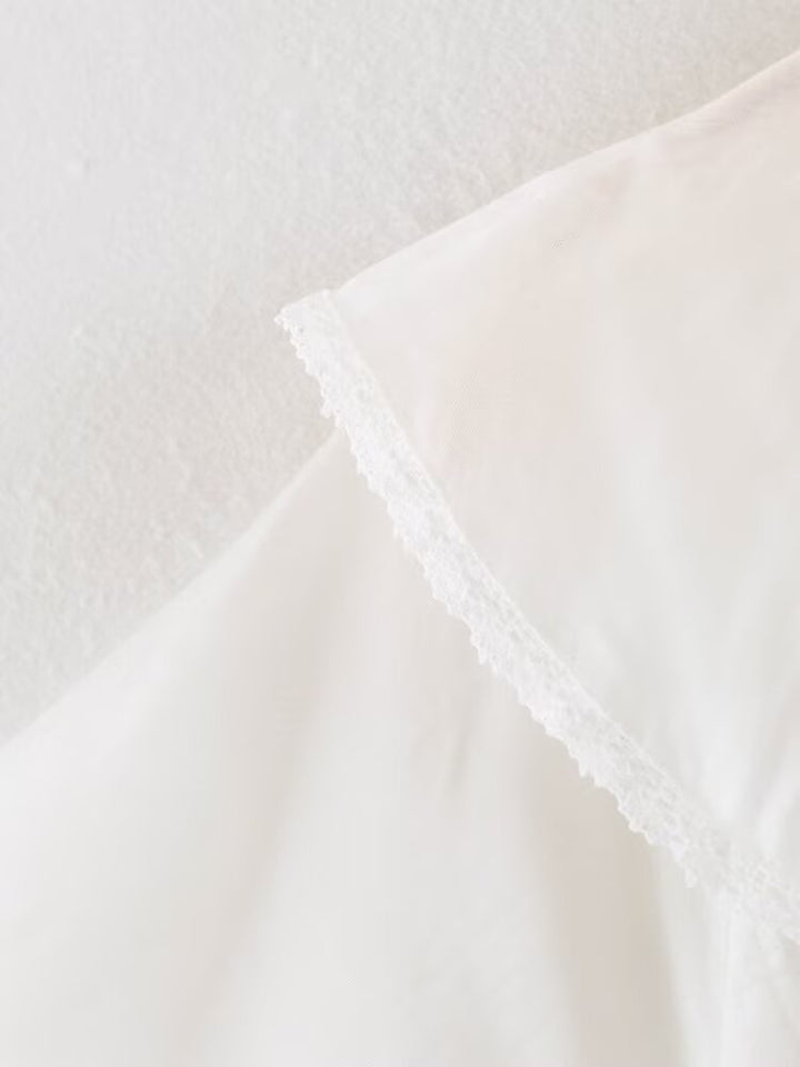 Women Clothing Summer Lace V neck Patchwork Ruffled French White Shirt