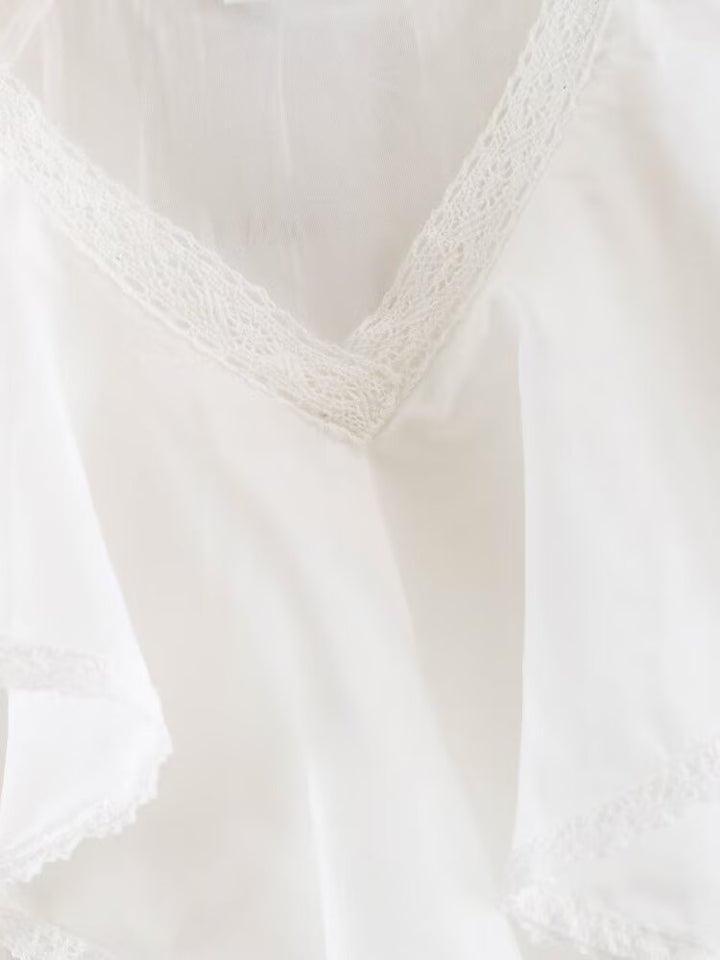 Women Clothing Summer Lace V neck Patchwork Ruffled French White Shirt