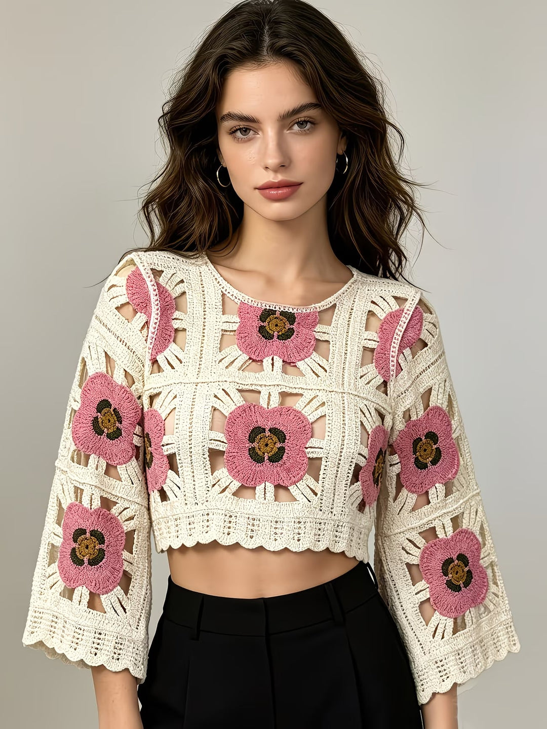 Women Summer Openwork Crochet Floral Color Block Short Knit Cardigan Top