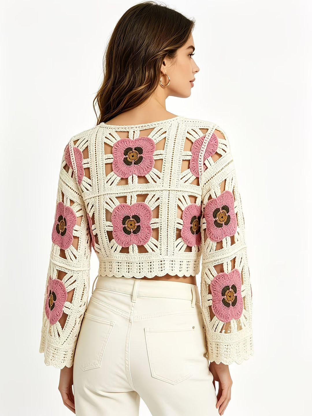 Women Summer Openwork Crochet Floral Color Block Short Knit Cardigan Top