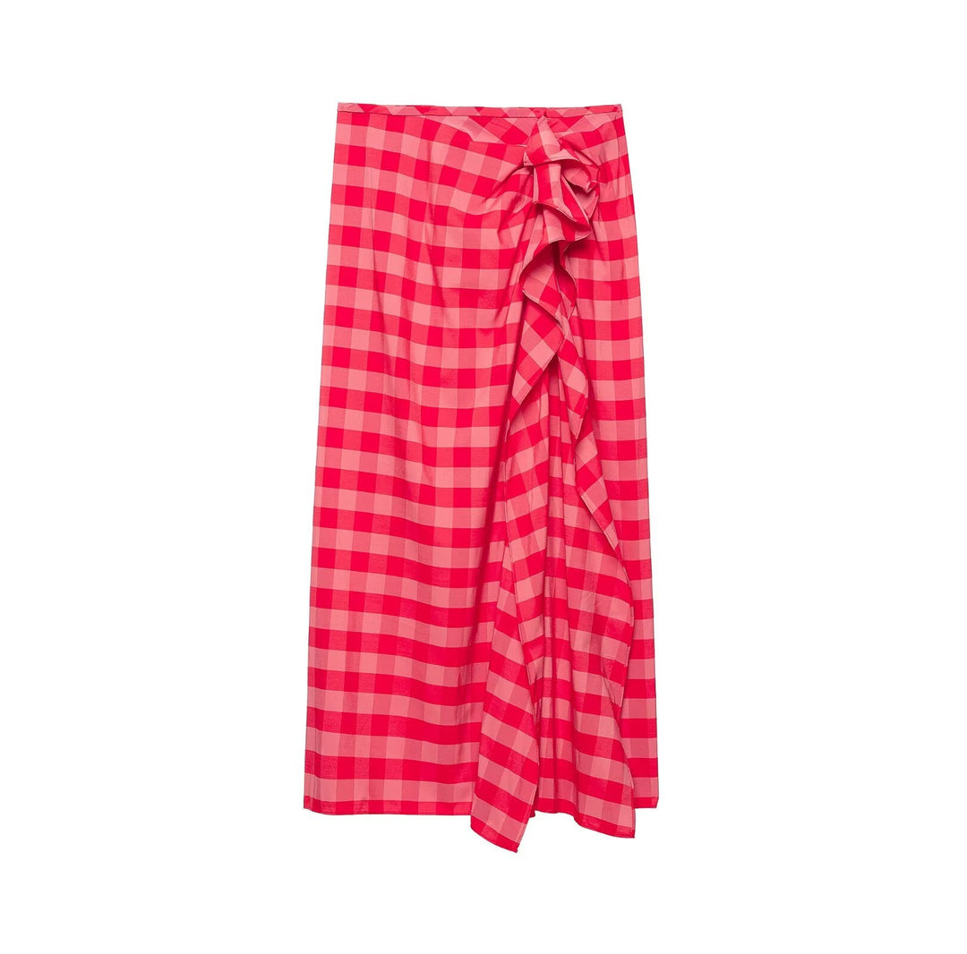 Women Clothing Summer Elegant Plaid Split Laminated Decoration Midi Dress