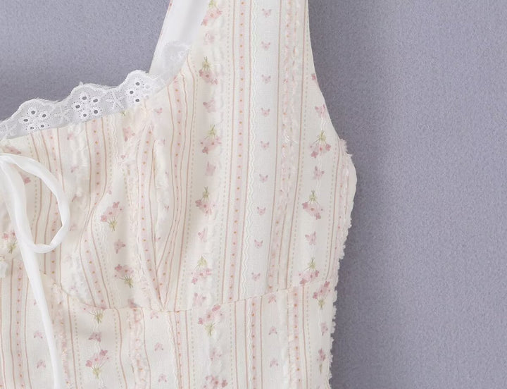 Women Clothing Summer Sweet Spaghetti Strap Waist Lace Stitching Floral Dress