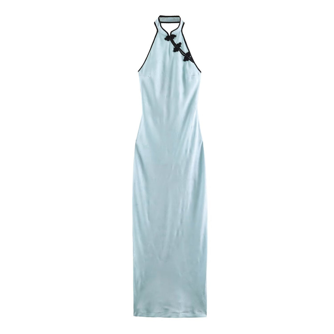 Women Clothing Cold Feeling Dark Pattern Jacquard Halter Improved Cheongsam Long Slimming Dress