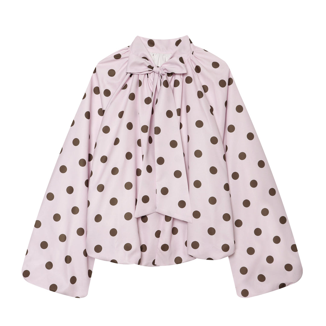 Women Clothing French Polka Dot Sleeve Top Back Bow Design Blouses