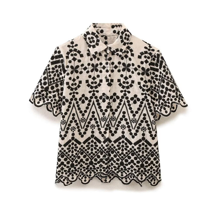 Summer Color Block Embroidery Shirt Embroidered Shorts Sets