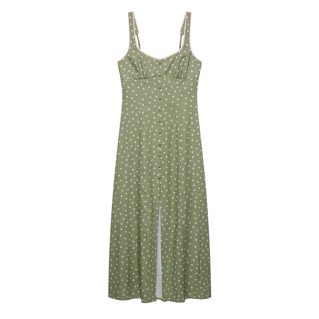 Women Clothing Summer Polka Dot Linen Blended Midi Dress Strap Dress