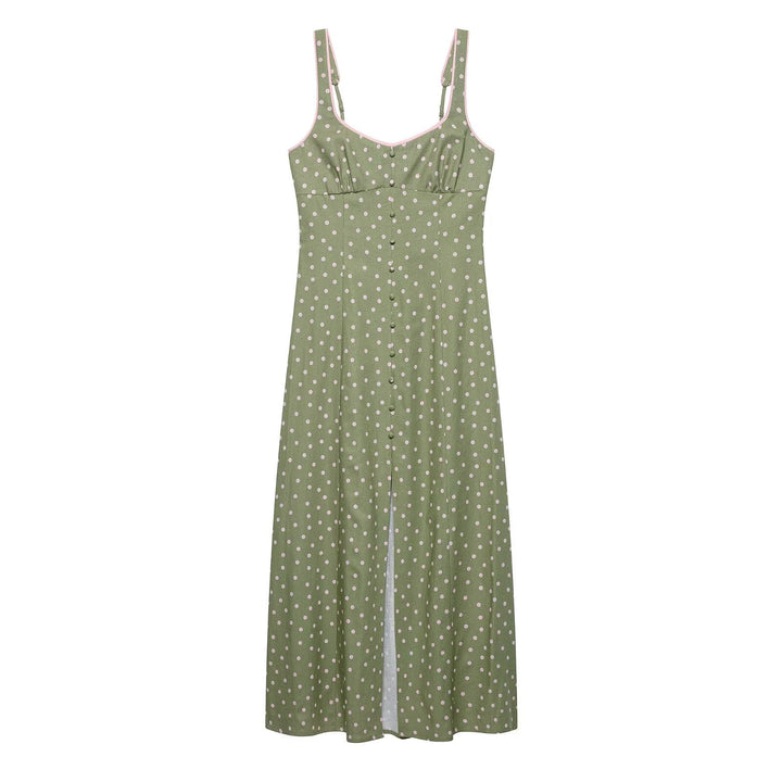 Women Clothing Summer Polka Dot Linen Blended Midi Dress Strap Dress