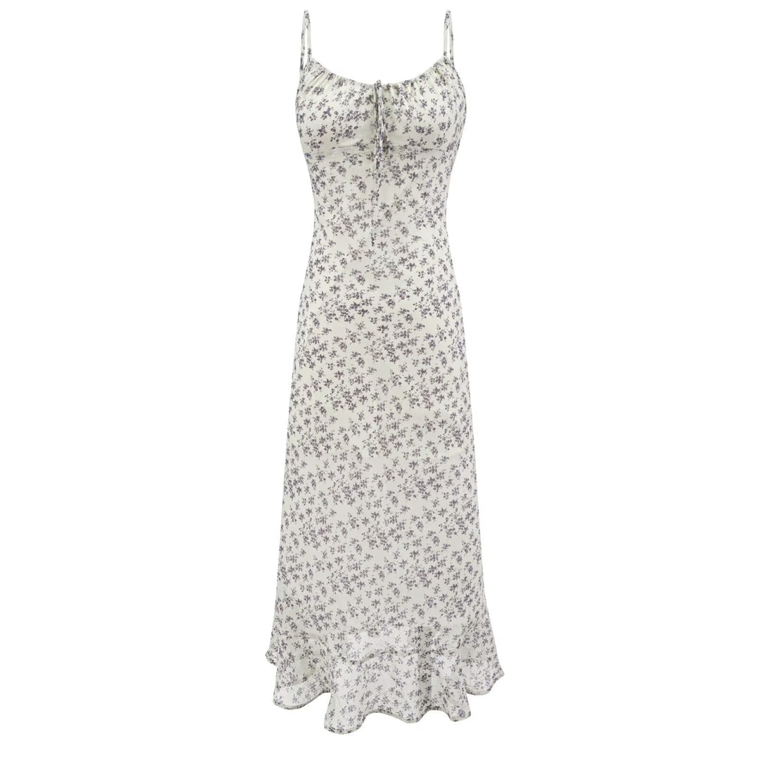 Summer Retro Vacation Printed Maxi Dress Ruffled Design Slim Strap Dress