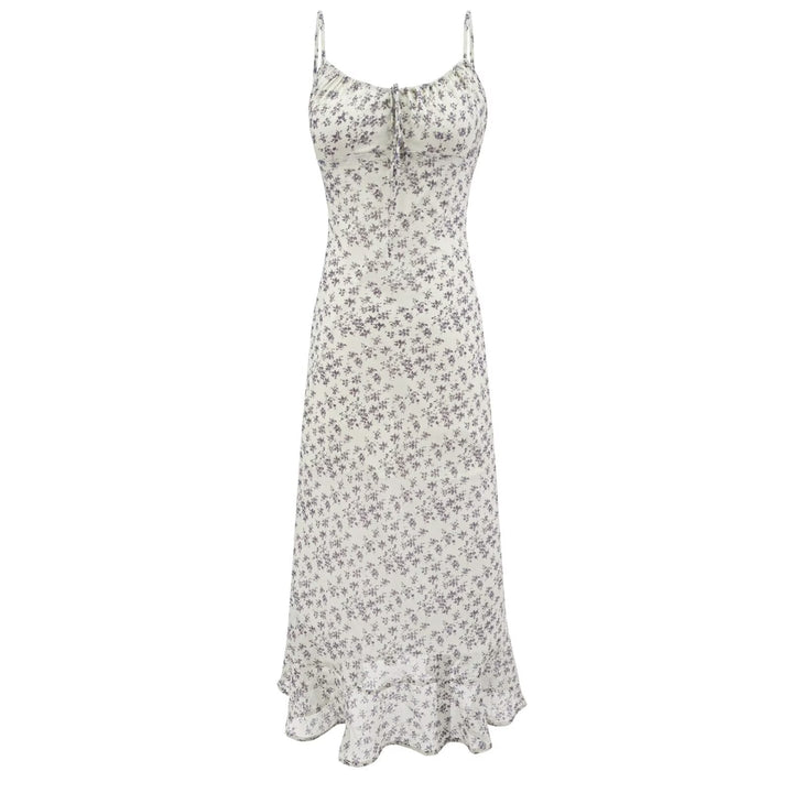 Summer Retro Vacation Printed Maxi Dress Ruffled Design Slim Strap Dress
