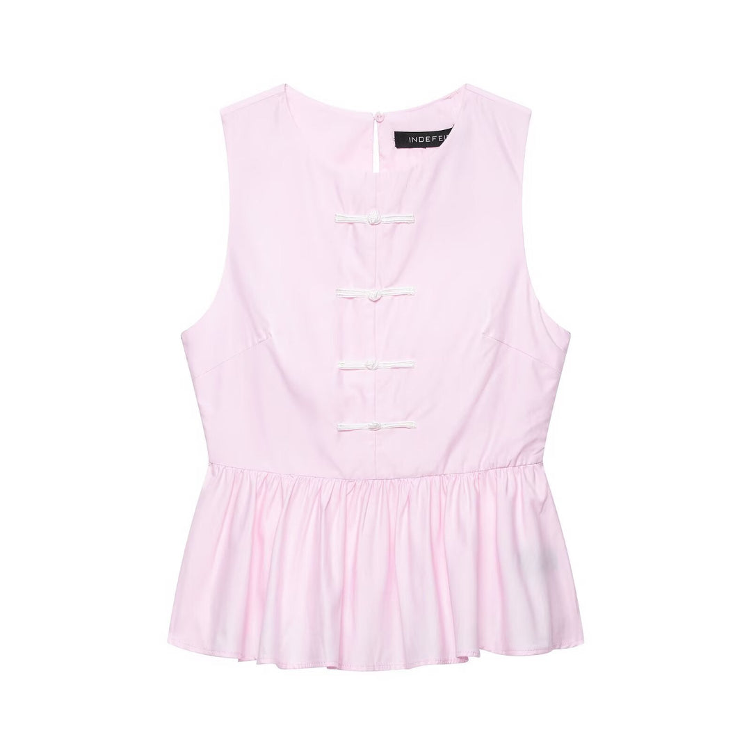Women round Neck Sleeveless Faux Bends Hitches Ornament A line Short Skirt Hem Top