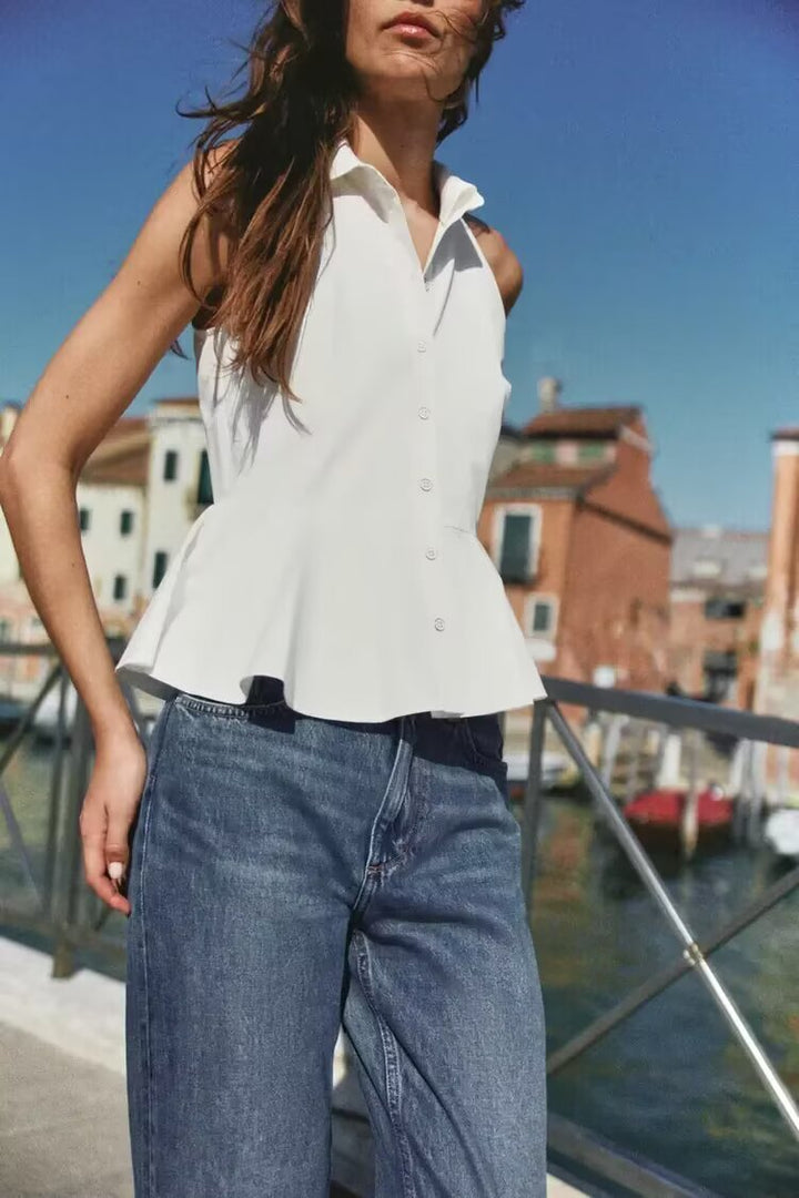 Hanging Collar Sleeveless Shirt All Matching Collared Short Skirt Hem Top