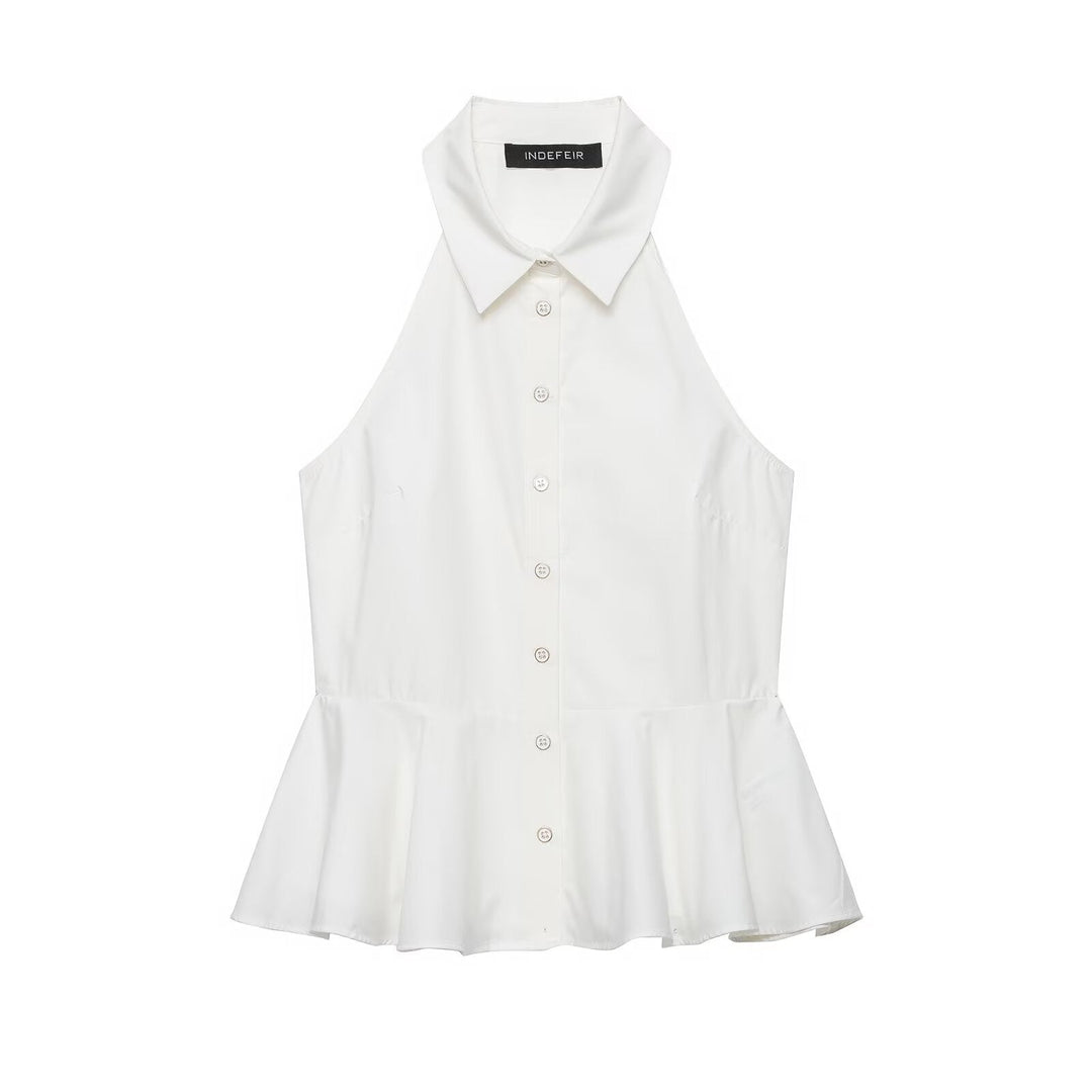 Hanging Collar Sleeveless Shirt All Matching Collared Short Skirt Hem Top