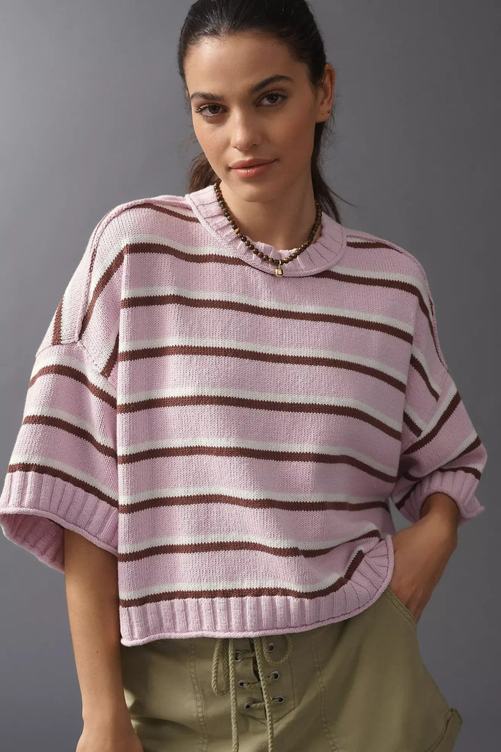 Autumn Winter Women Clothing Short Sleeve round Neck Striped Knitted round Neck Sweater Women