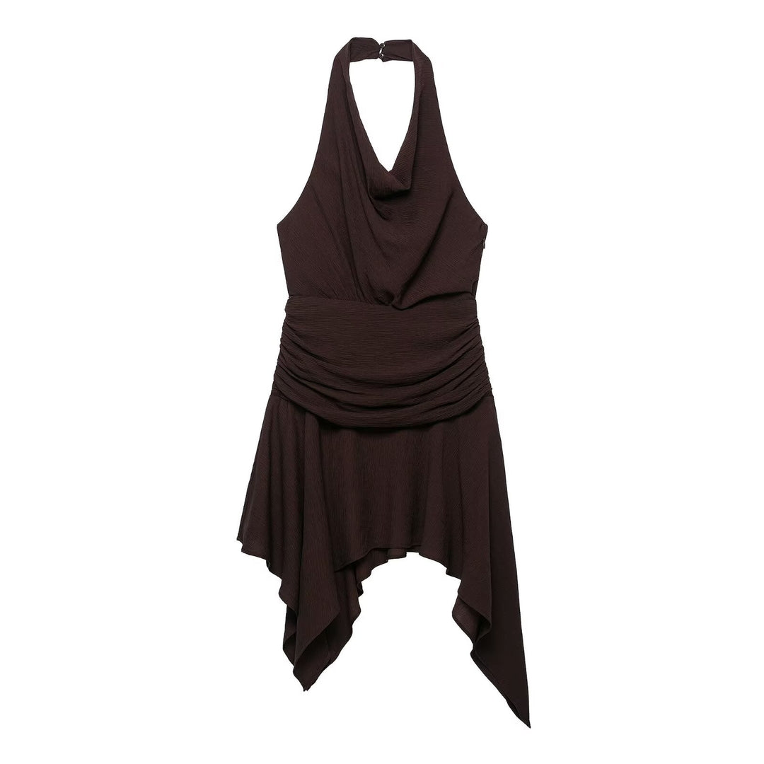 Women Clothing Asymmetric Hem Hanging Collar Mini Dress