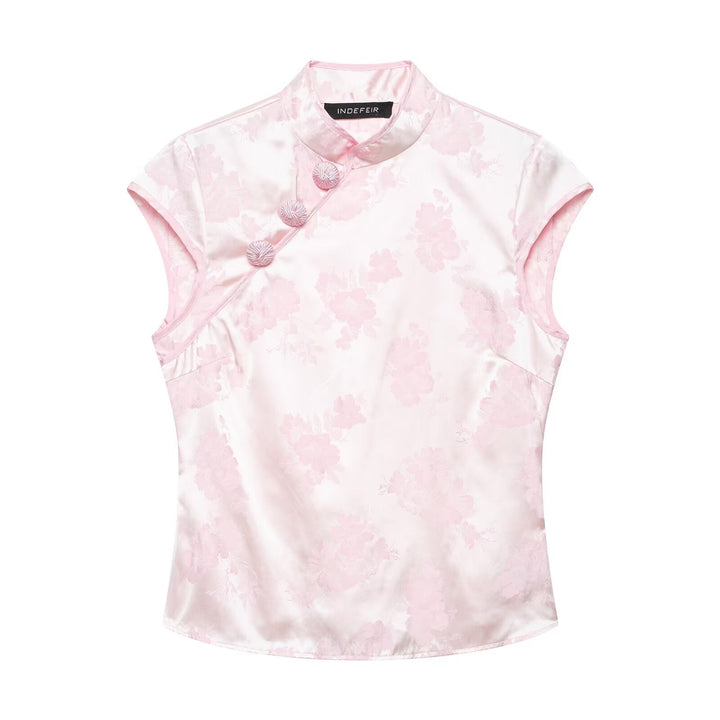 Women Clothing Summer Retro National Jacquard Silk Satin Texture Breasted Top