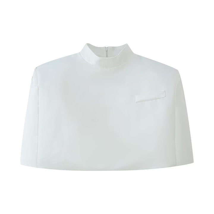 Women Clothing Office Small Stand Collar Faux Pocket Decoration Cape Top