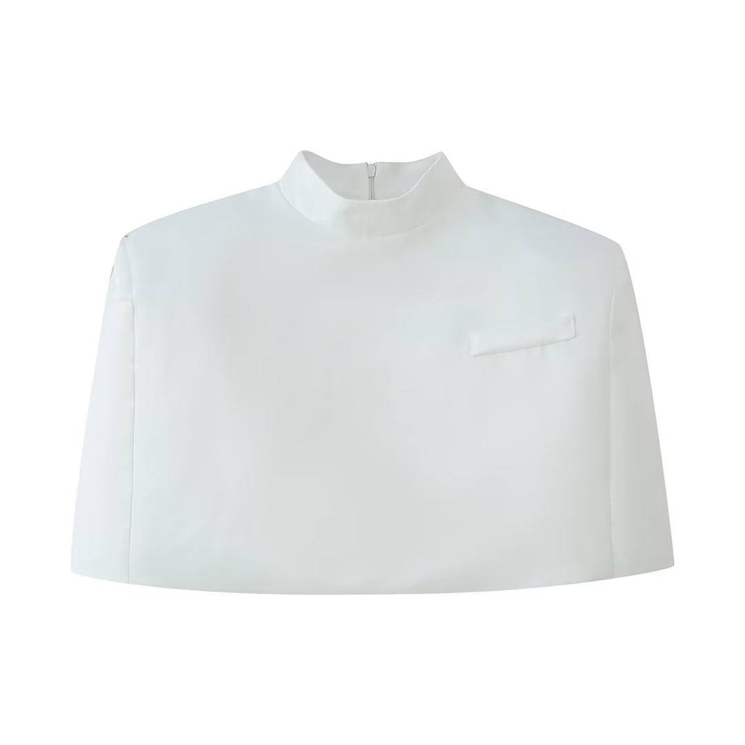 Women Clothing Office Small Stand Collar Faux Pocket Decoration Cape Top
