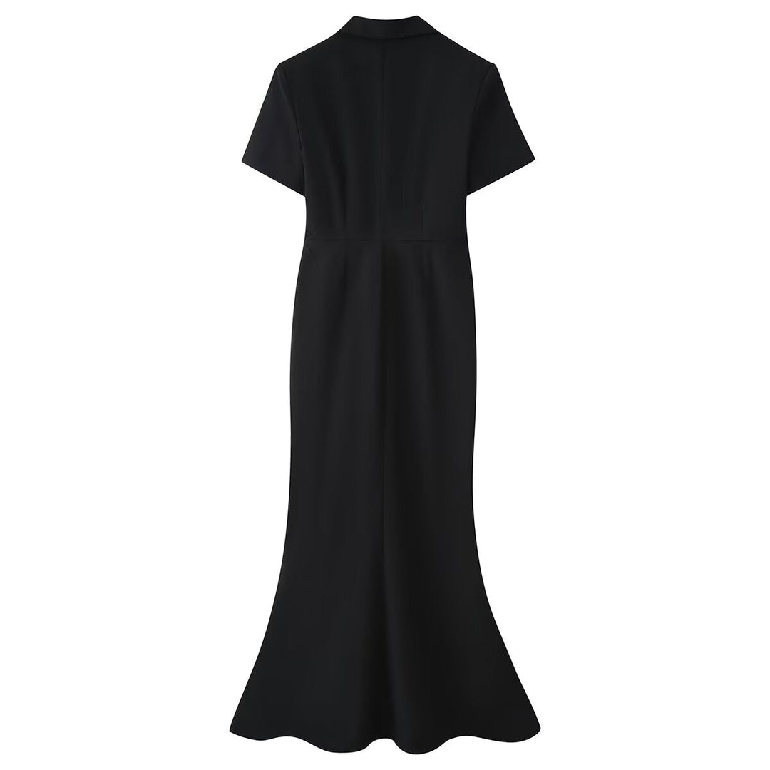 Women Clothing Summer Elegant Collared Single Breasted Slim Dress