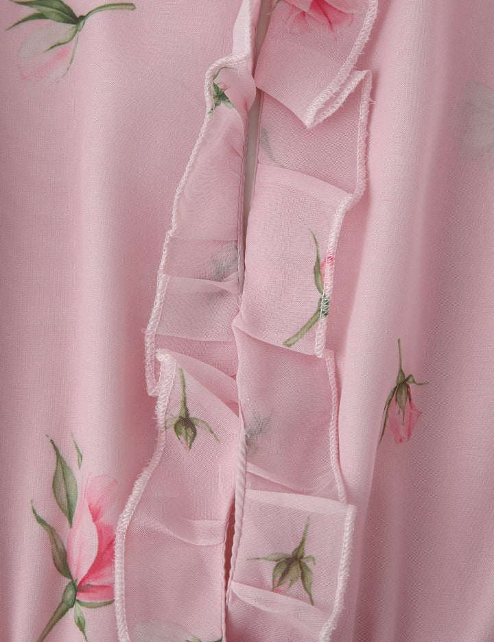 Women Clothing Fresh Sweet Floral Tight Waist Back Hollow Out Cutout-out Long Sleeve Chiffon Dress