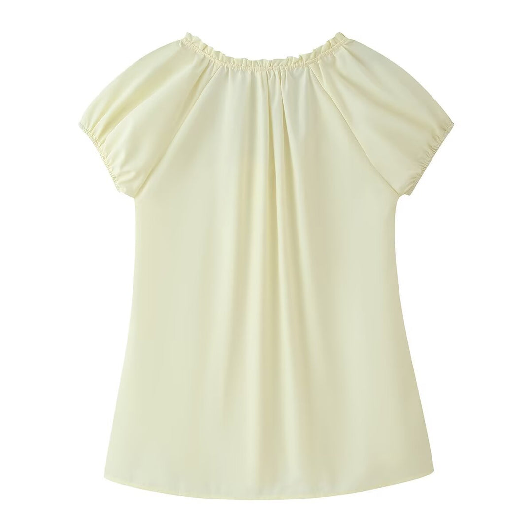 Women Clothing French Retro Easy Matching Solid Color Tucker Pleats Puff Short Sleeve Top
