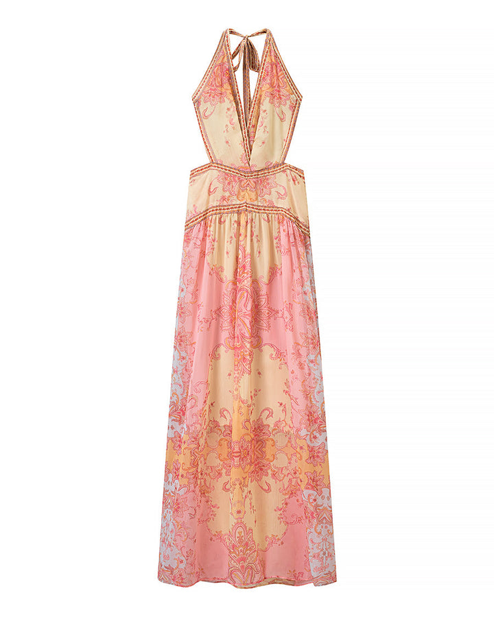 Halterneck Printed Tie Dye Dress Women Clothing Summer Stylish Printed Tie Dye Dress