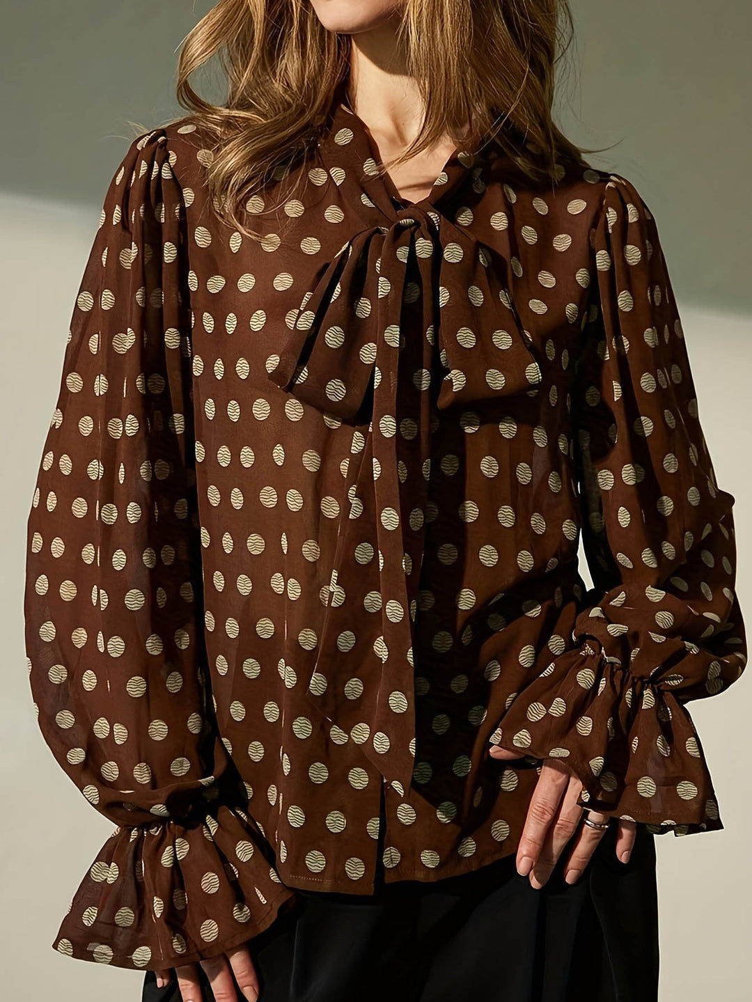Women Clothing French Minority Vintage Ribbon Lantern Sleeve Casual Polka Dot Women Top