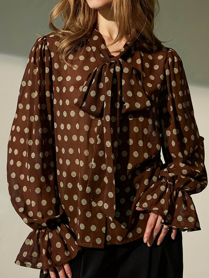 Women Clothing French Minority Vintage Ribbon Lantern Sleeve Casual Polka Dot Women Top
